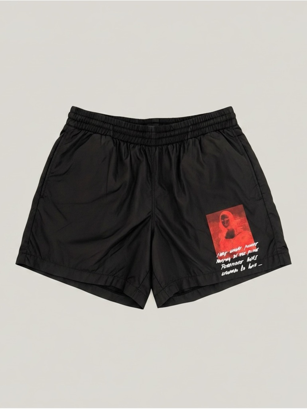 Off-White Black Swim Trunks with Red Graphic